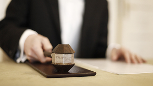 En person som håller en ordförandeklubba i handen.