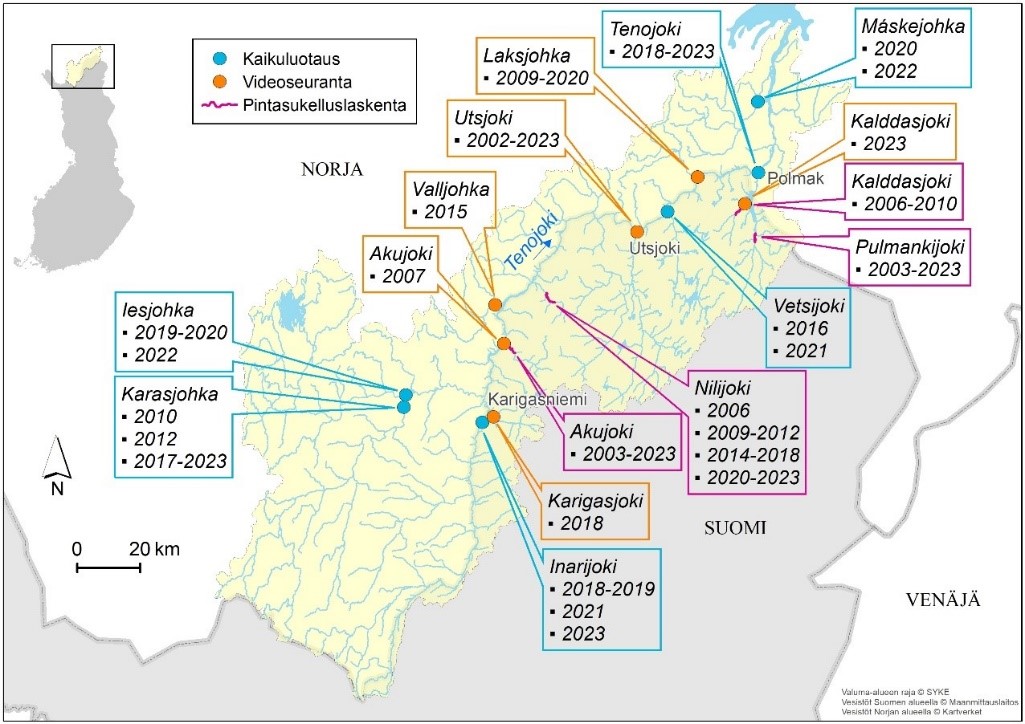 Vuosien 2002–2023 tärkeimmät aikuisten lohien laskentapaikat ja –menetelmät Tenojoen vesistössä