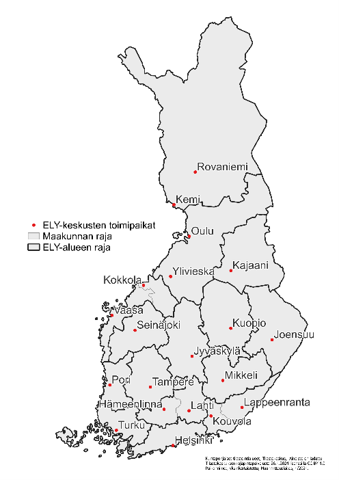 Kartta kuvaa ELY-keskusten nykyisen aluejaon ja päätoimipaikat sekä toimipaikat. ELY-keskuksia on nykyisin 15.