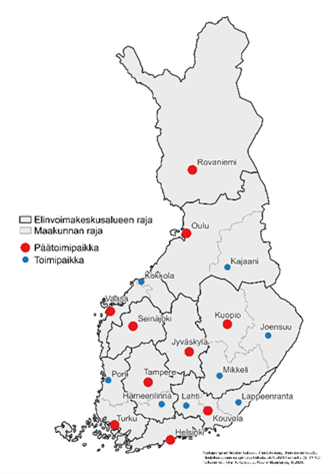 Kartta kuvaa elinvoimakeskusten uudistuksessa syntyvän aluejaon. Elinvoimakeskuksia tulee 10.