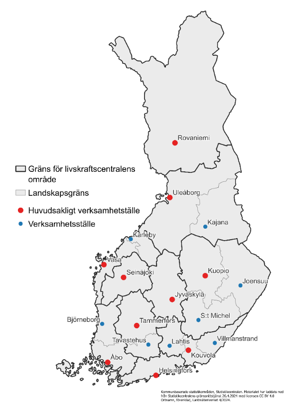 Kartan beskriver den områdesindelning som uppstår i samband med reformen av livskraftscentralerna. Antalet livskraftscentraler är 10.