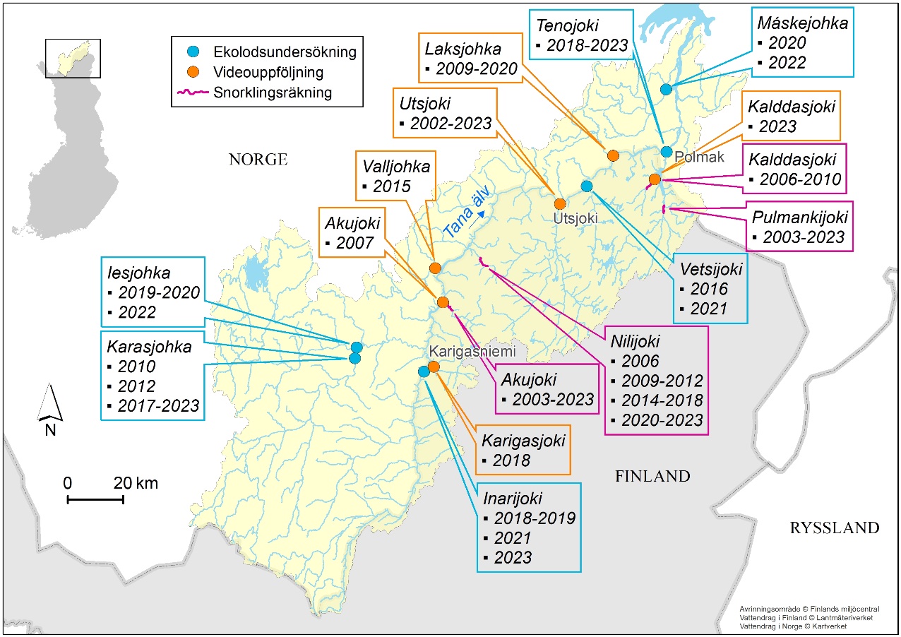 De viktigaste platserna och metoderna för räkning av vuxna laxar 2002–2023 i Tana älvs vattendrag.